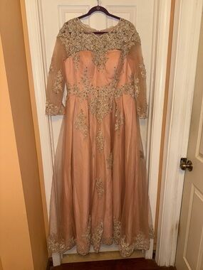 Blush Pink Embroidered Hebeo’s Tulle Dress with Illusion Sleeves